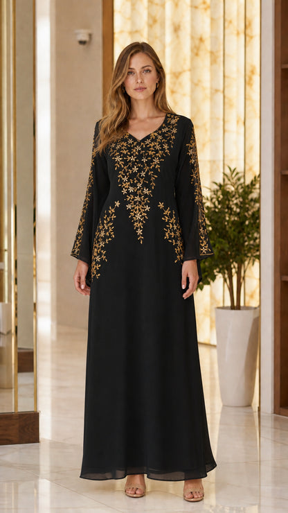 Black long sleeve kaftan dress with gold floral embroidery