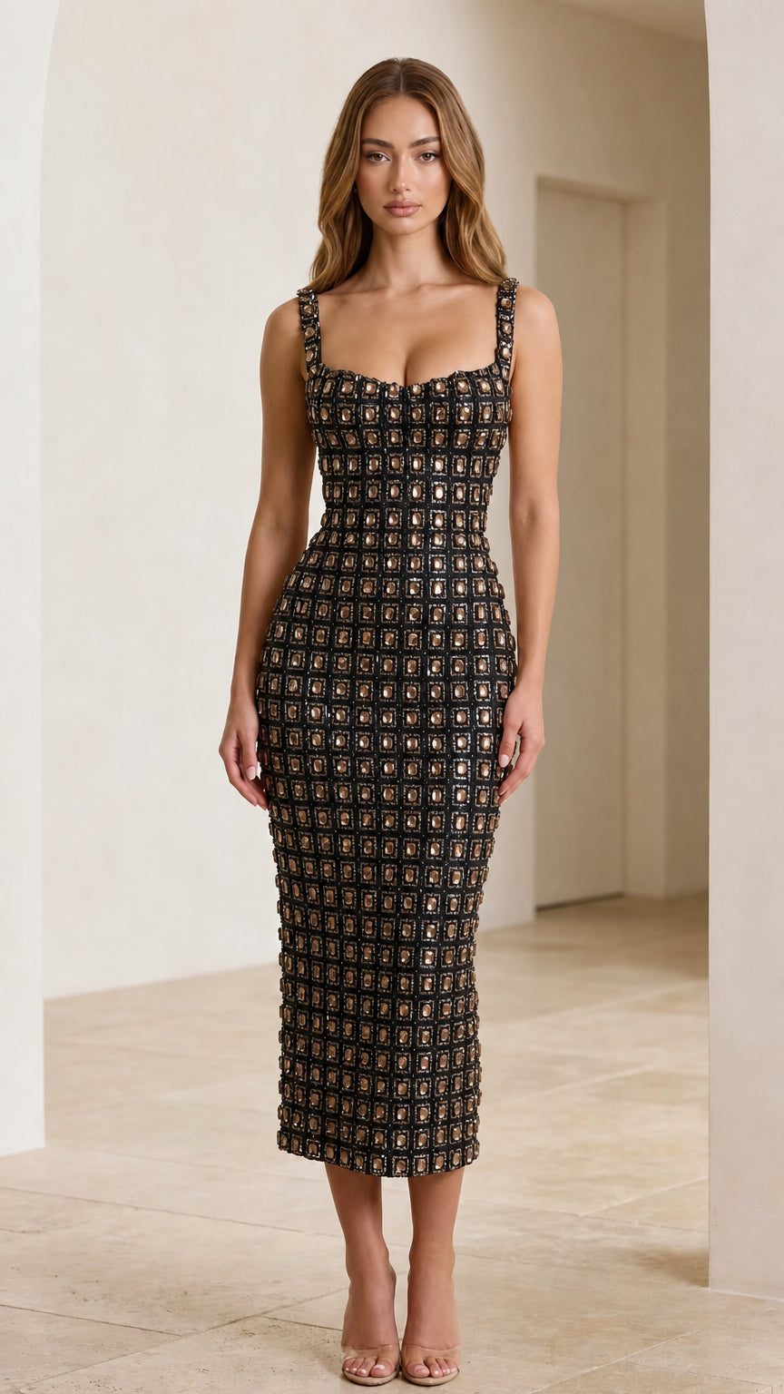 Model wearing black embellished square neck dress