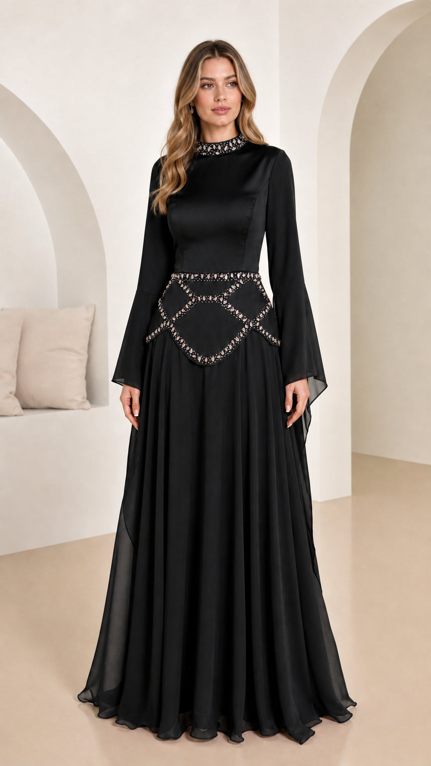 Front view of black evening gown variant