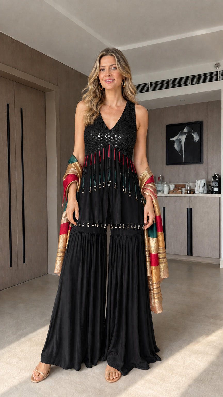 Black sleeveless sequin sharara suit set with wide pleated pants