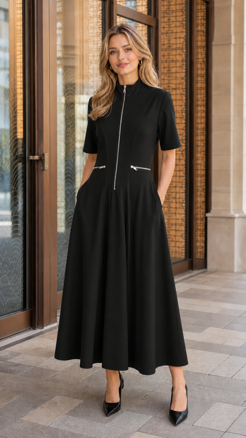 Woman wearing black zip-front midi dress