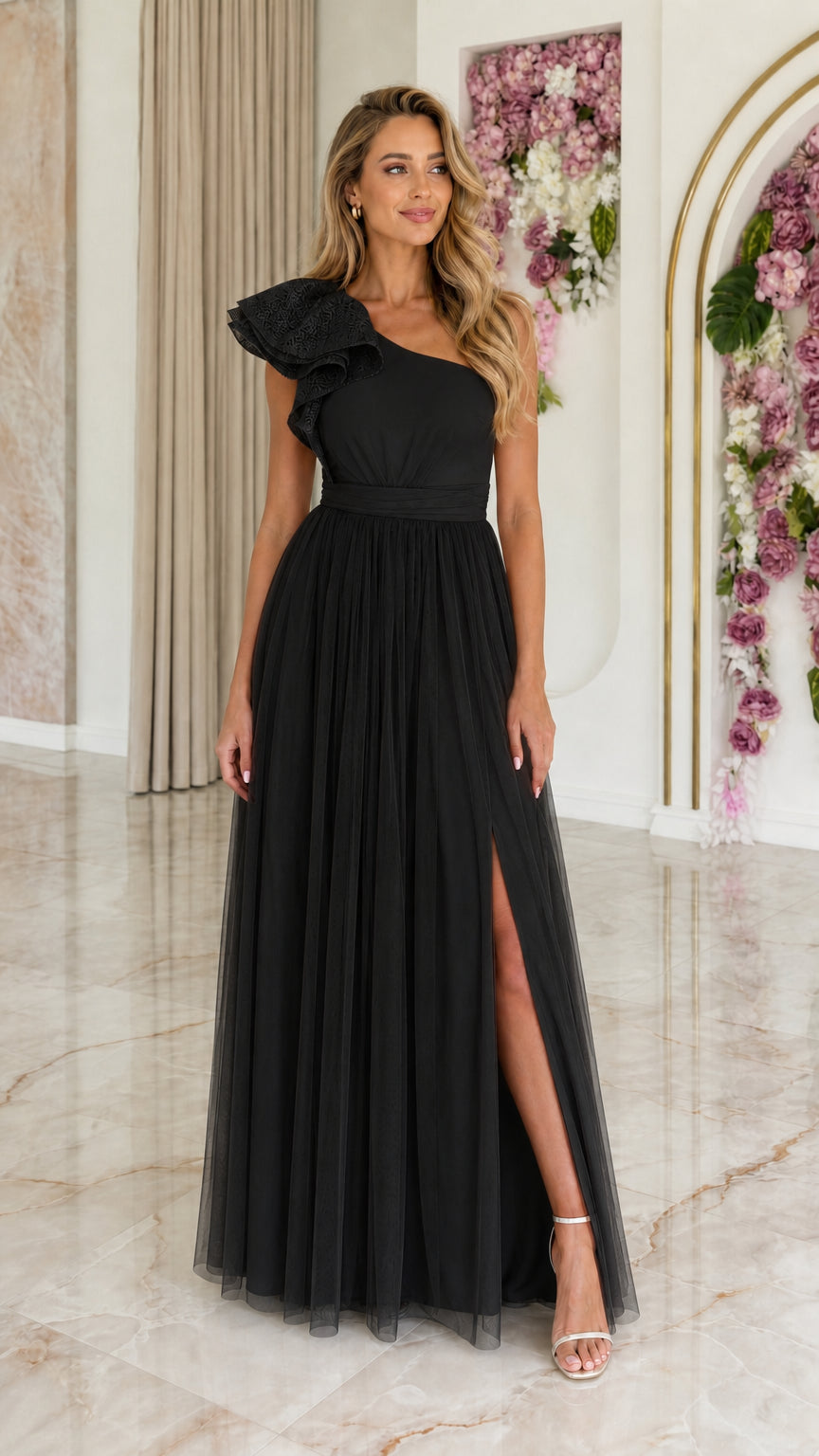Front view of black one-shoulder lace ruffle tulle maxi dress