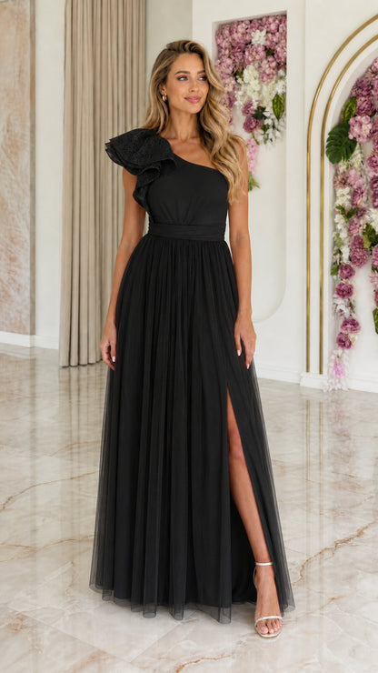 Front view of black one-shoulder lace ruffle tulle maxi dress
