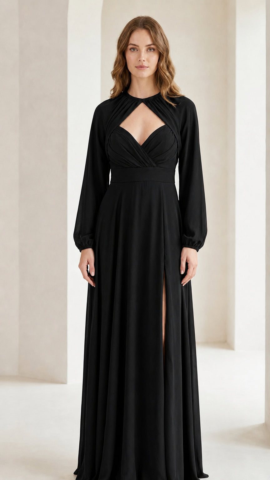 Front view of black long sleeve cutout maxi dress
