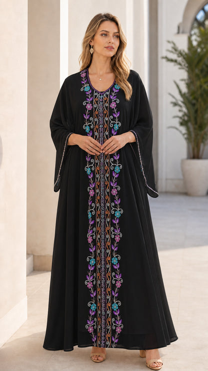 Black floral embroidered chiffon kaftan maxi dress front view