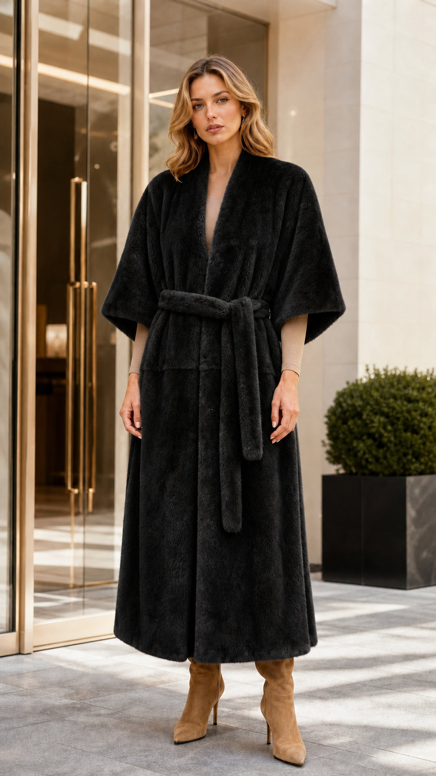 Front view of woman wearing long black faux fur coat