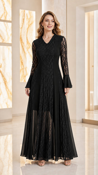 Front view of woman wearing black lace panel bell sleeve maxi dress