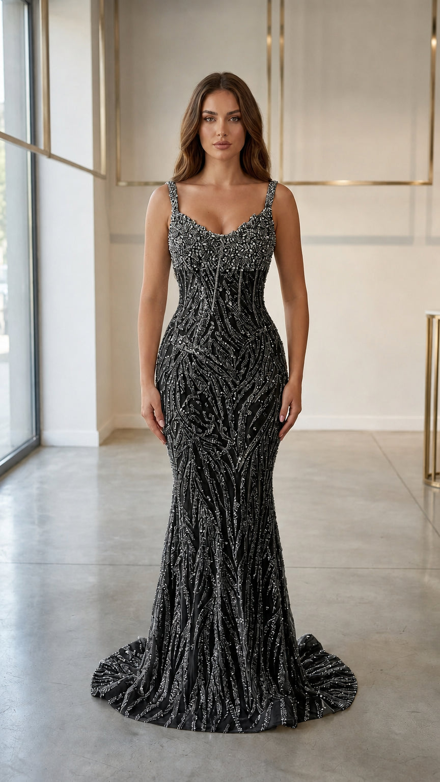 Front view of black beaded evening dress