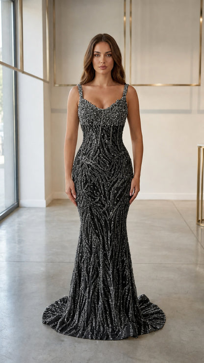 Front view of black beaded evening dress