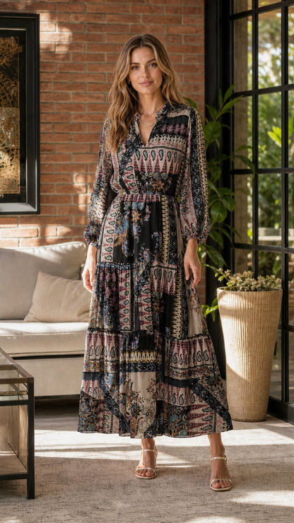 Model wearing black multi color variant of the tiered maxi dress
