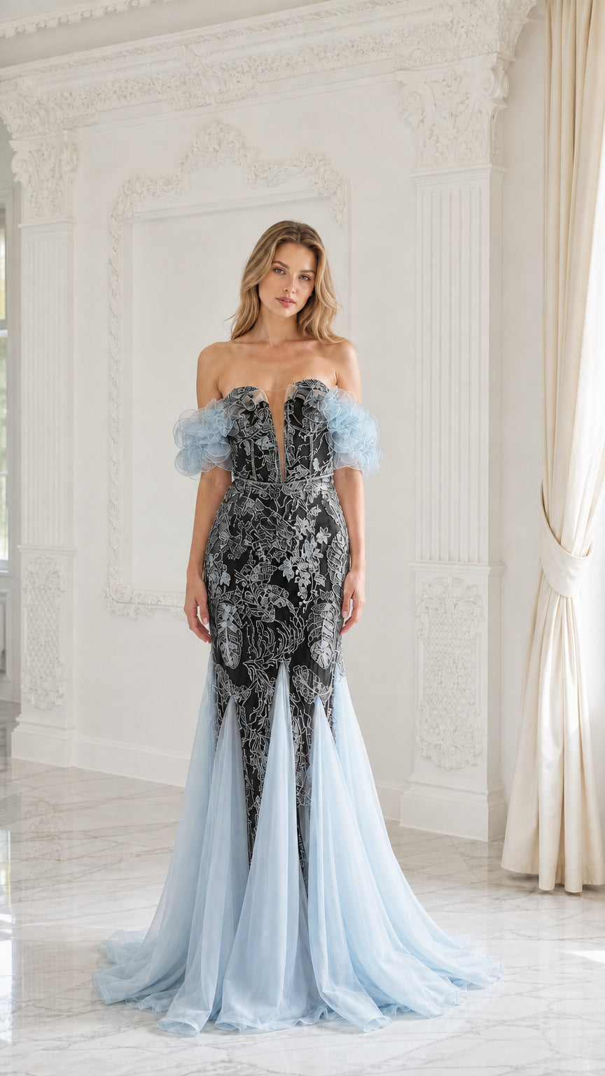 Black and blue color variant of the evening dress