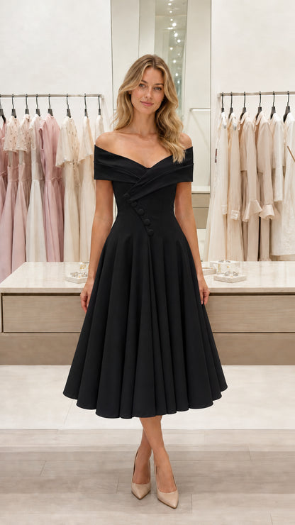 Front view of black off-shoulder pleated midi dress
