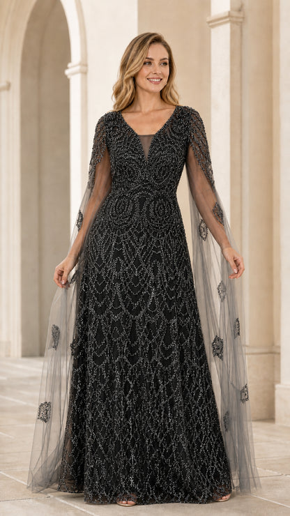 Black beaded cape evening gown with sheer overlay for black-tie events