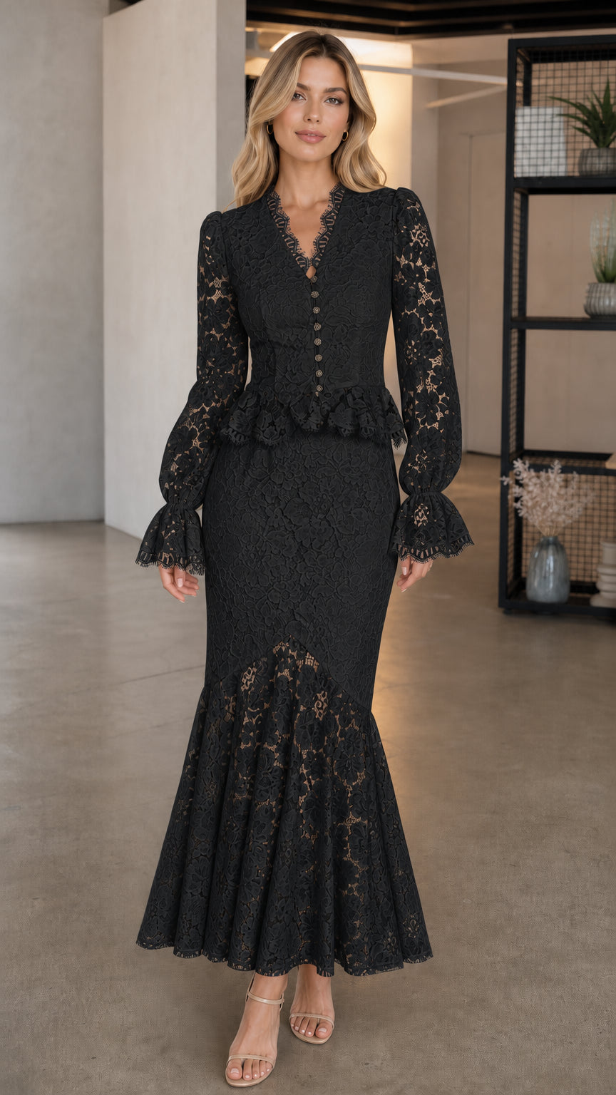 Model wearing black long-sleeve lace peplum dress