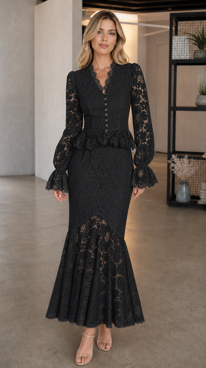 Model wearing black long-sleeve lace peplum dress