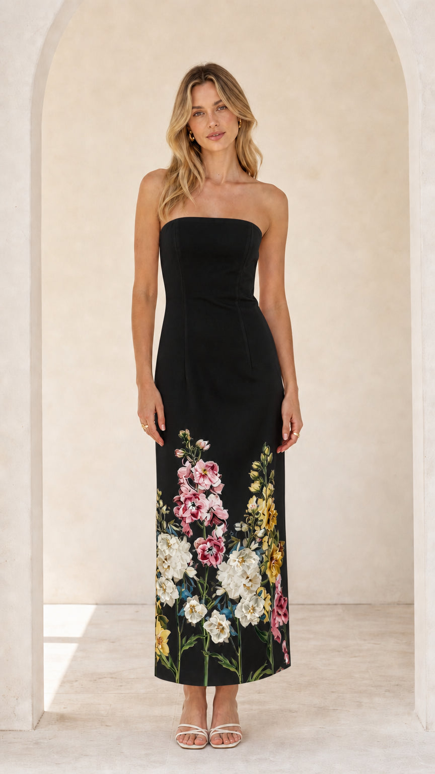 Model wearing black floral strapless midi maxi dress