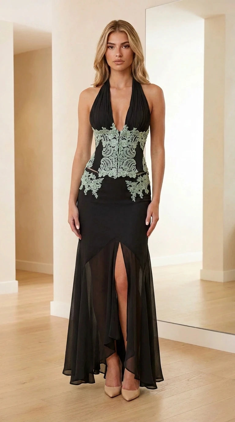 Front view of black evening dress with lace details