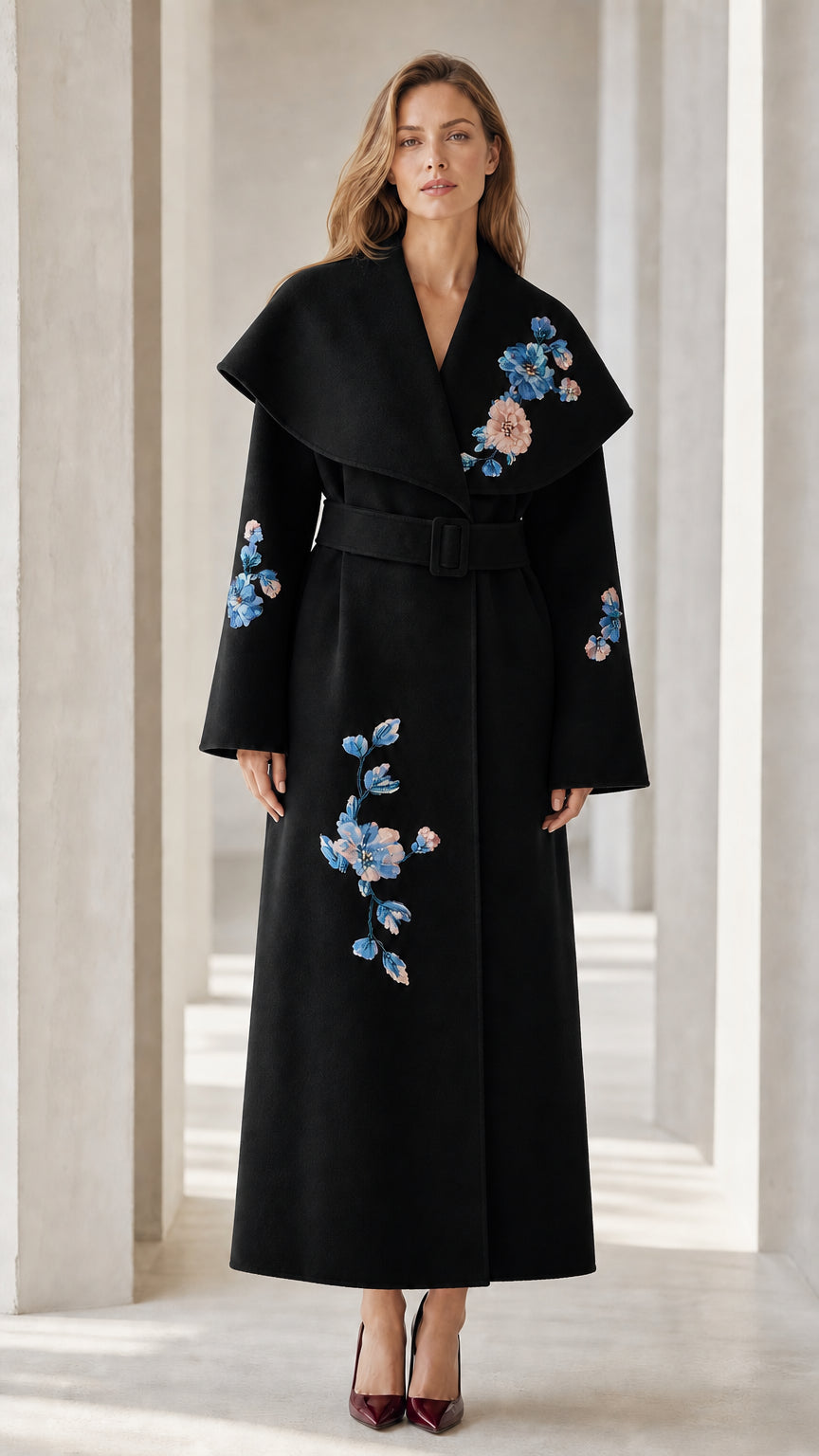Front view of Black floral embroidered long trench coat