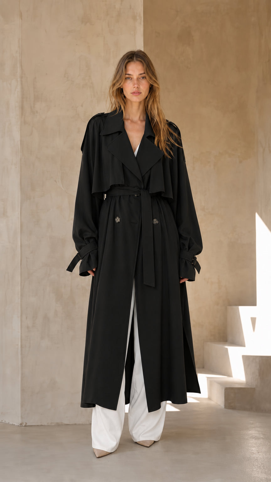 Woman wearing black long trench coat