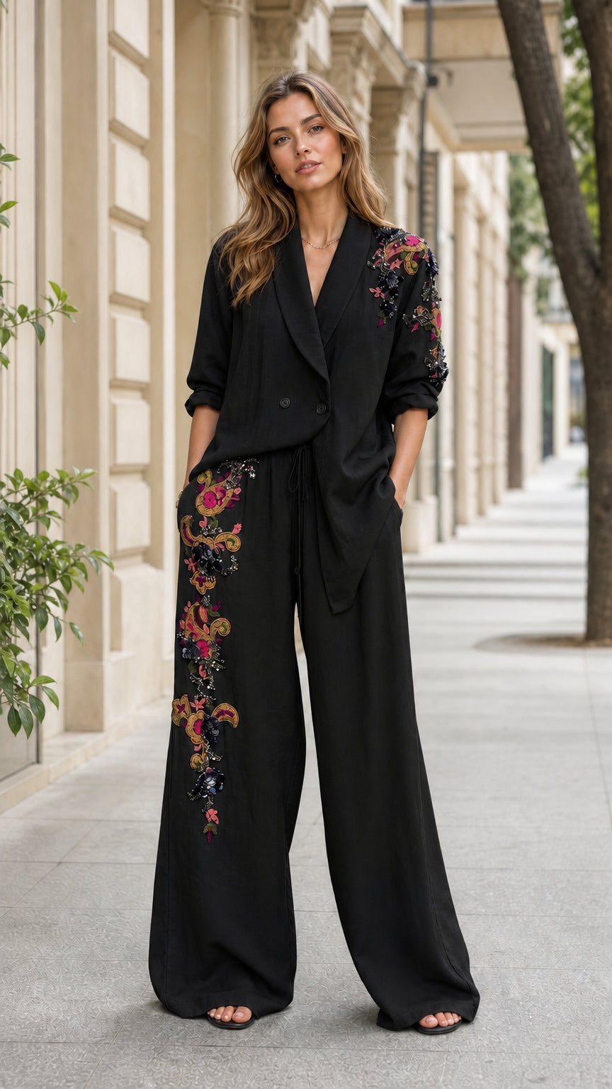 Front view of woman wearing black embroidered blazer and wide-leg pants set