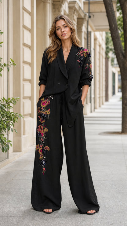 Front view of woman wearing black embroidered blazer and wide-leg pants set