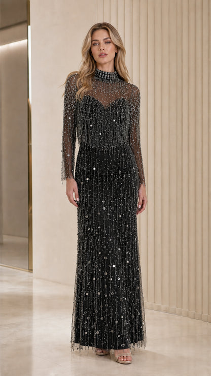 Full length view of black beaded evening gown