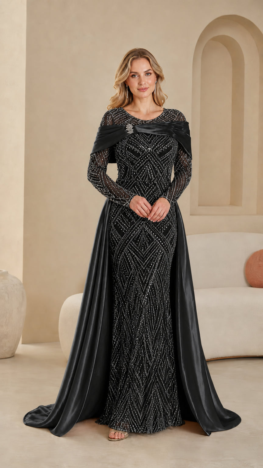 Black long sleeve sequin evening dress with satin drape train