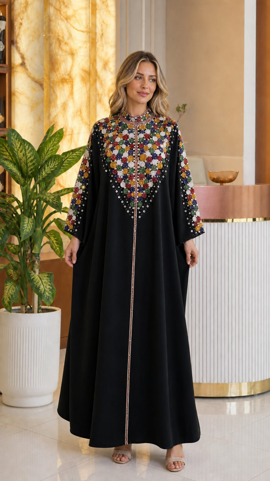 Full front view of black embroidered beaded yoke kaftan maxi dress