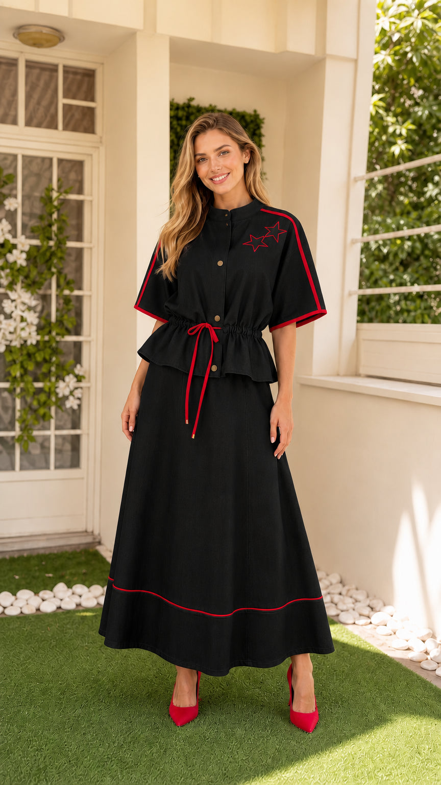 Front view of Black two-piece maxi dress set