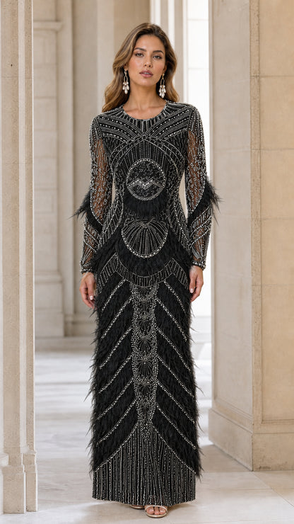 Front view of Black beaded feather evening maxi dress