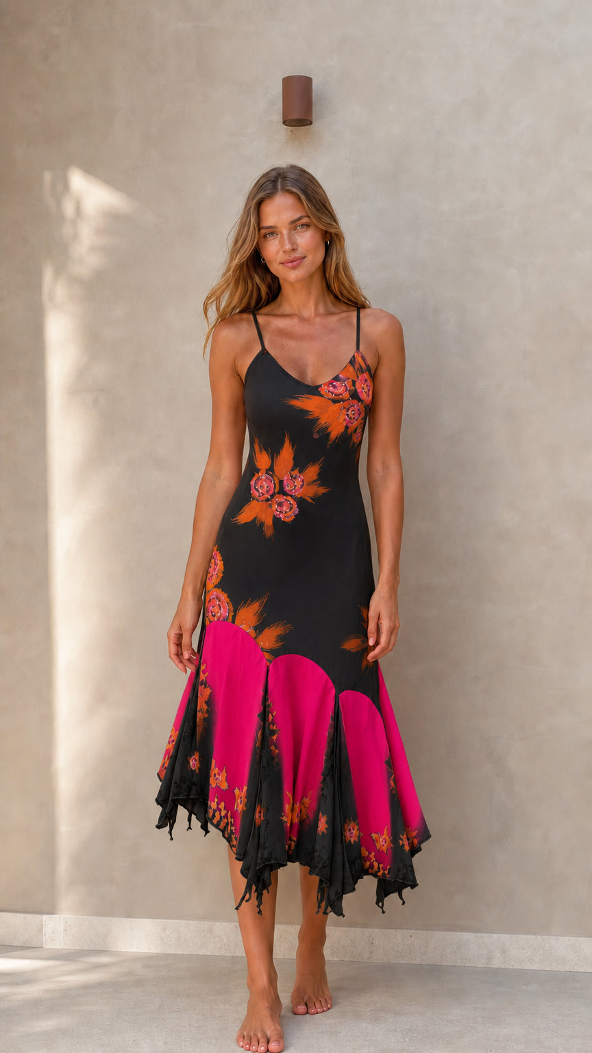Front full view of Black Pink floral midi slip dress