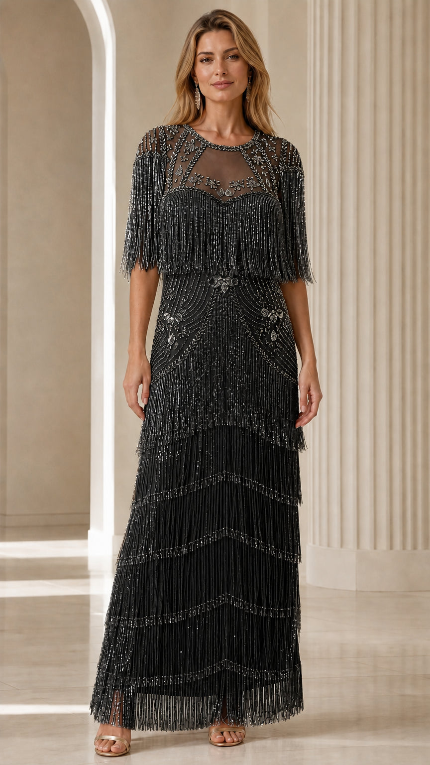 Front view of Black Beaded Fringe Evening Dress