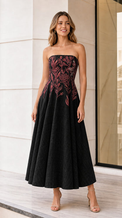 Front view of model wearing black strapless embroidered midi dress