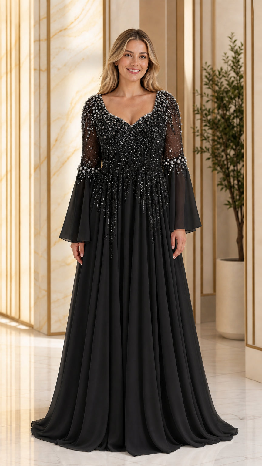 Black pearl-beaded long bell sleeve A-line formal evening gown