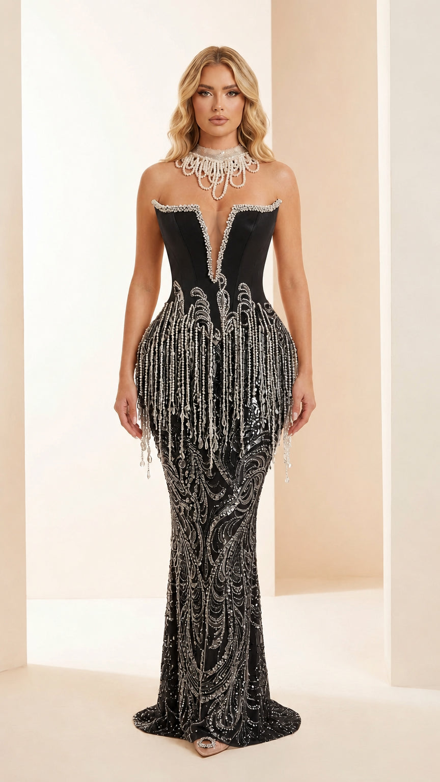 Front view of Black color variant of the evening gown
