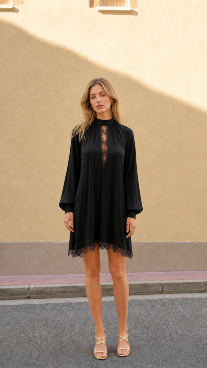 Black high neck long sleeve lace trim mini dress