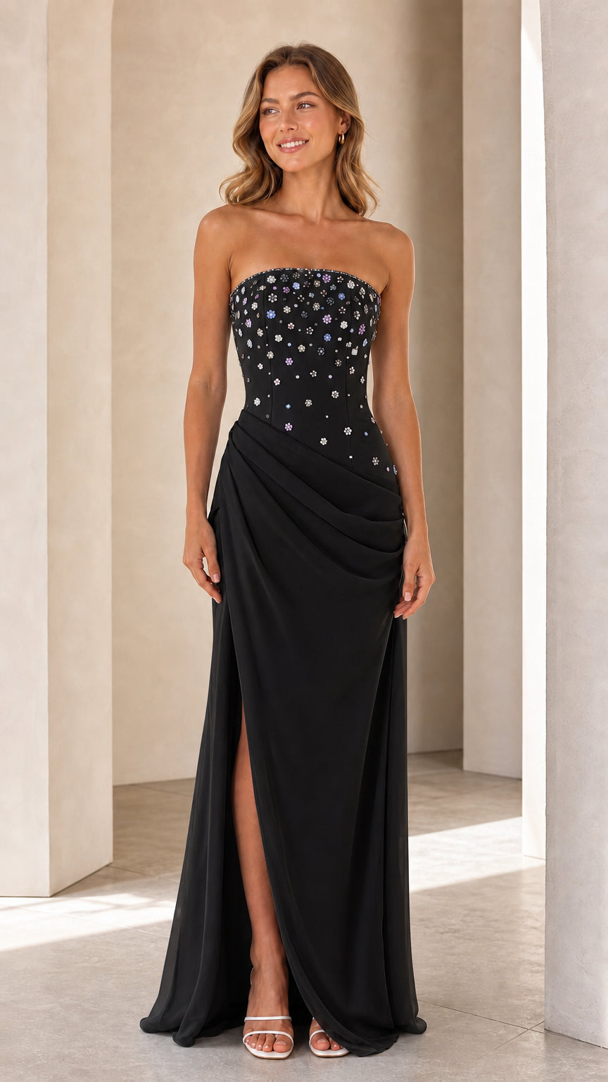 Model wearing Black strapless beaded bodice evening gown with draped skirt and slit