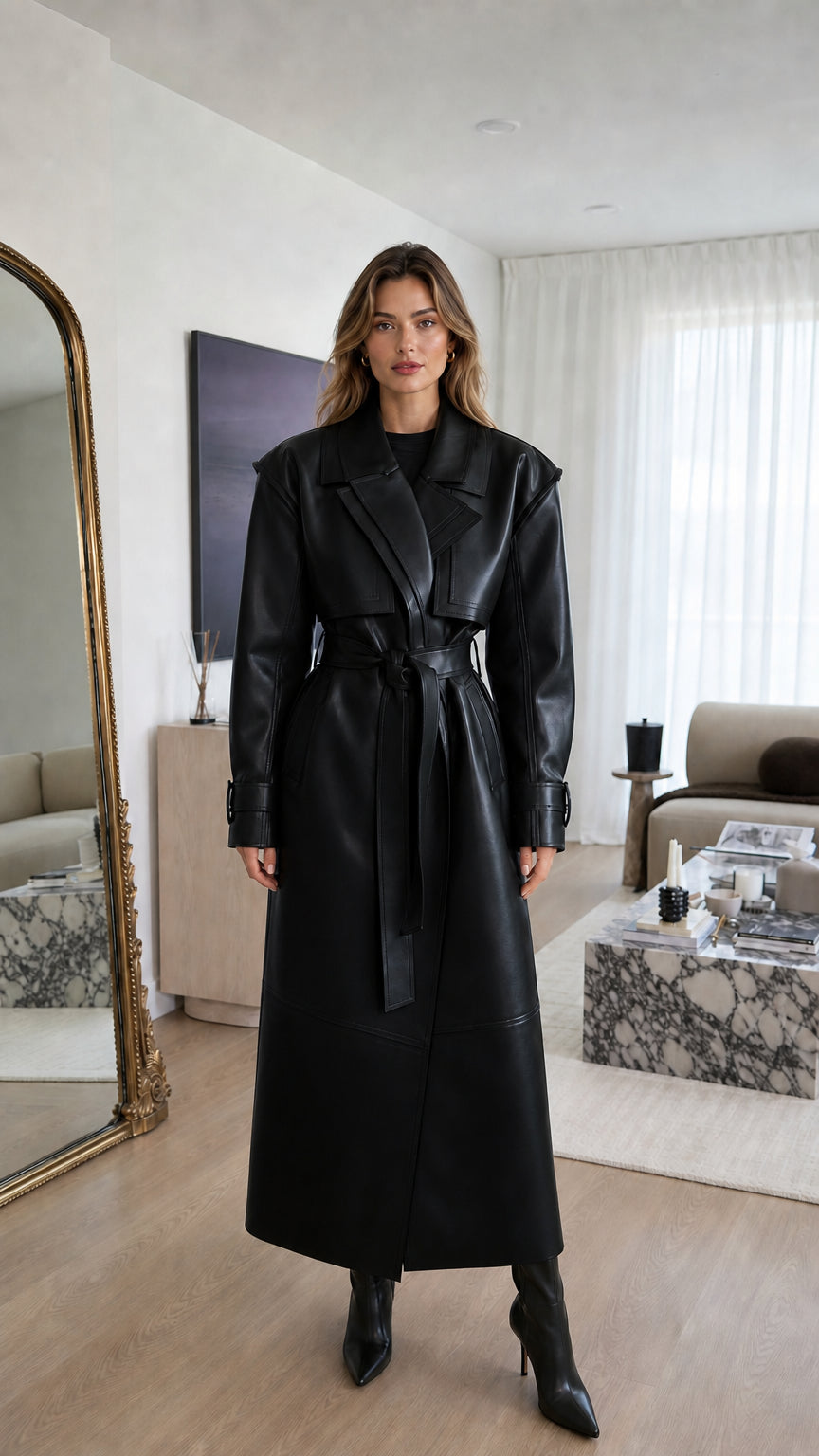 Front view of woman wearing black faux leather trench coat