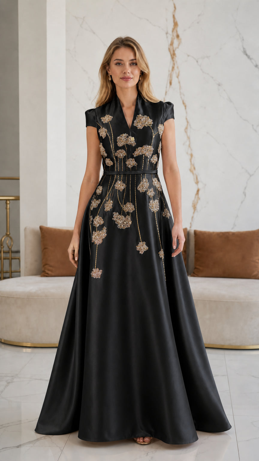 Model wearing black embroidered satin A-line evening dress