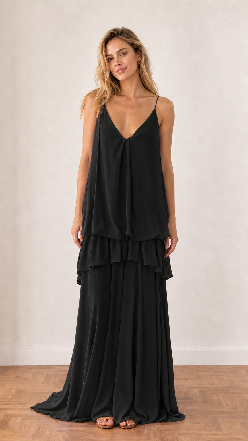 Model wearing Black tiered ruffle V-neck cami maxi dress