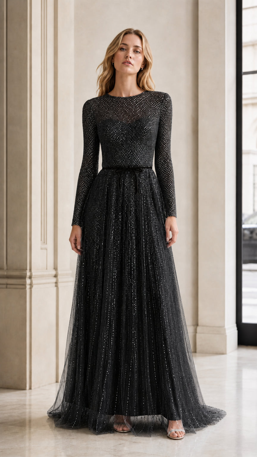 Front view of model in black sequin evening gown