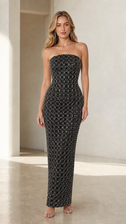 Front view of black beaded strapless evening dress