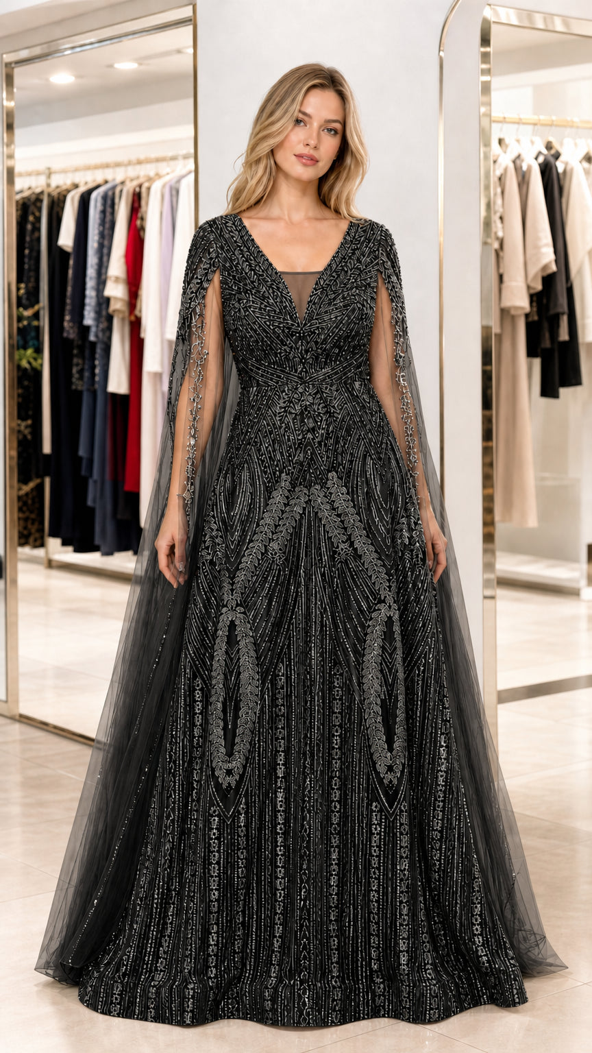 Front view of black sequin cape evening gown with illusion neckline