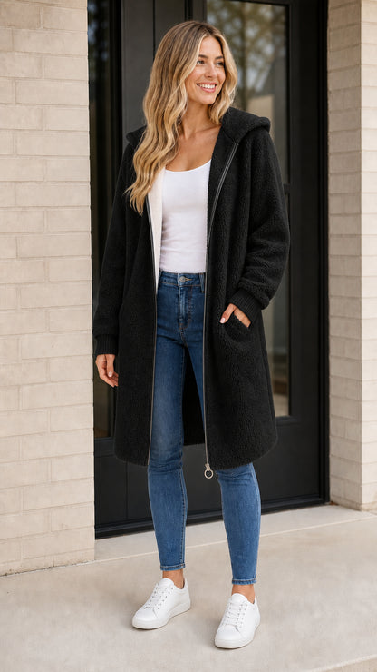 Front view of woman wearing black long faux shearling hooded coat