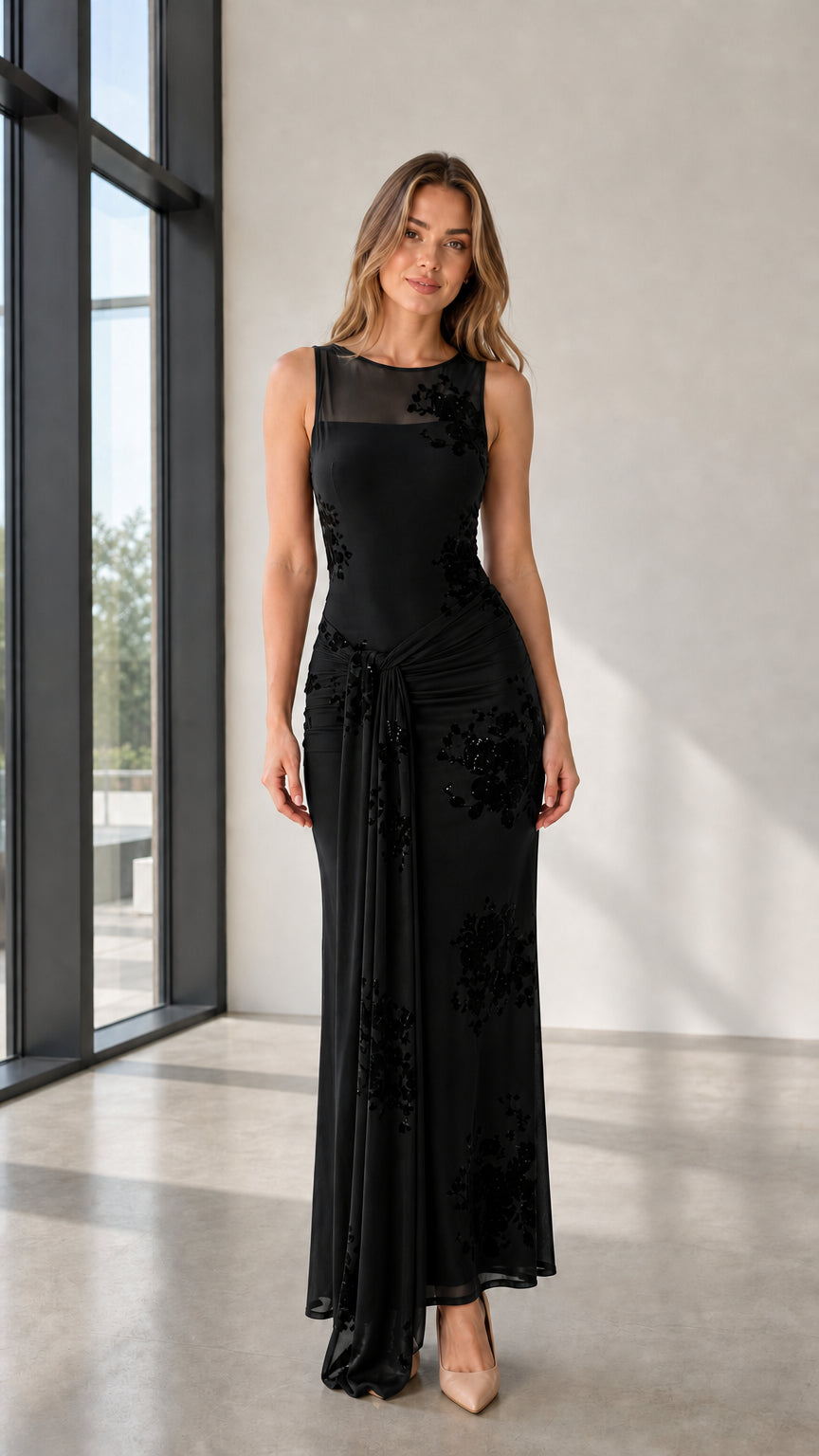 Front view of black evening gown