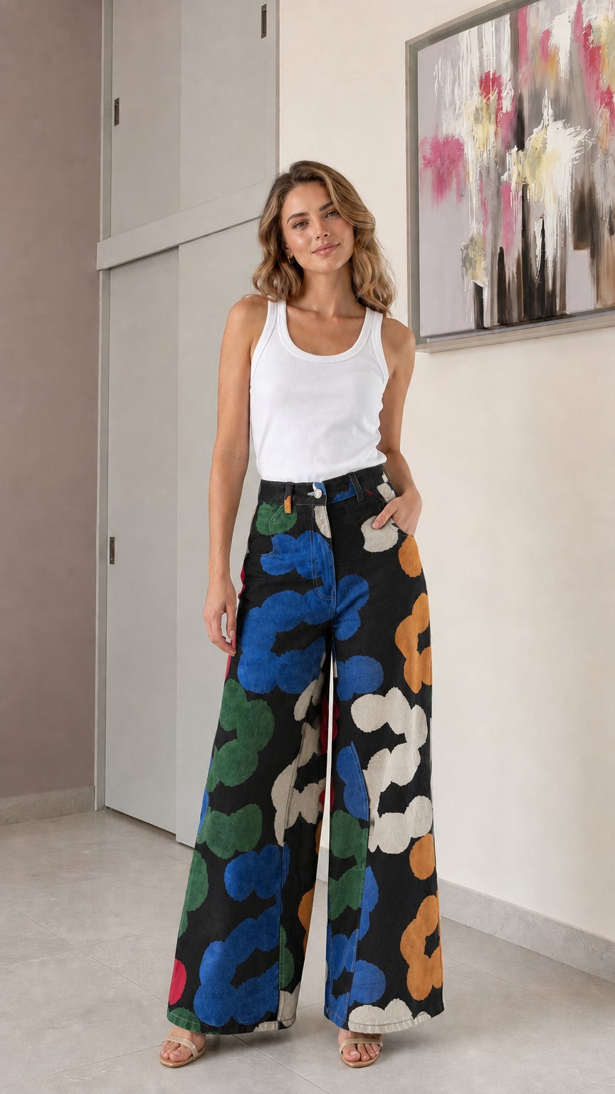 Woman wearing black background floral wide-leg denim jeans