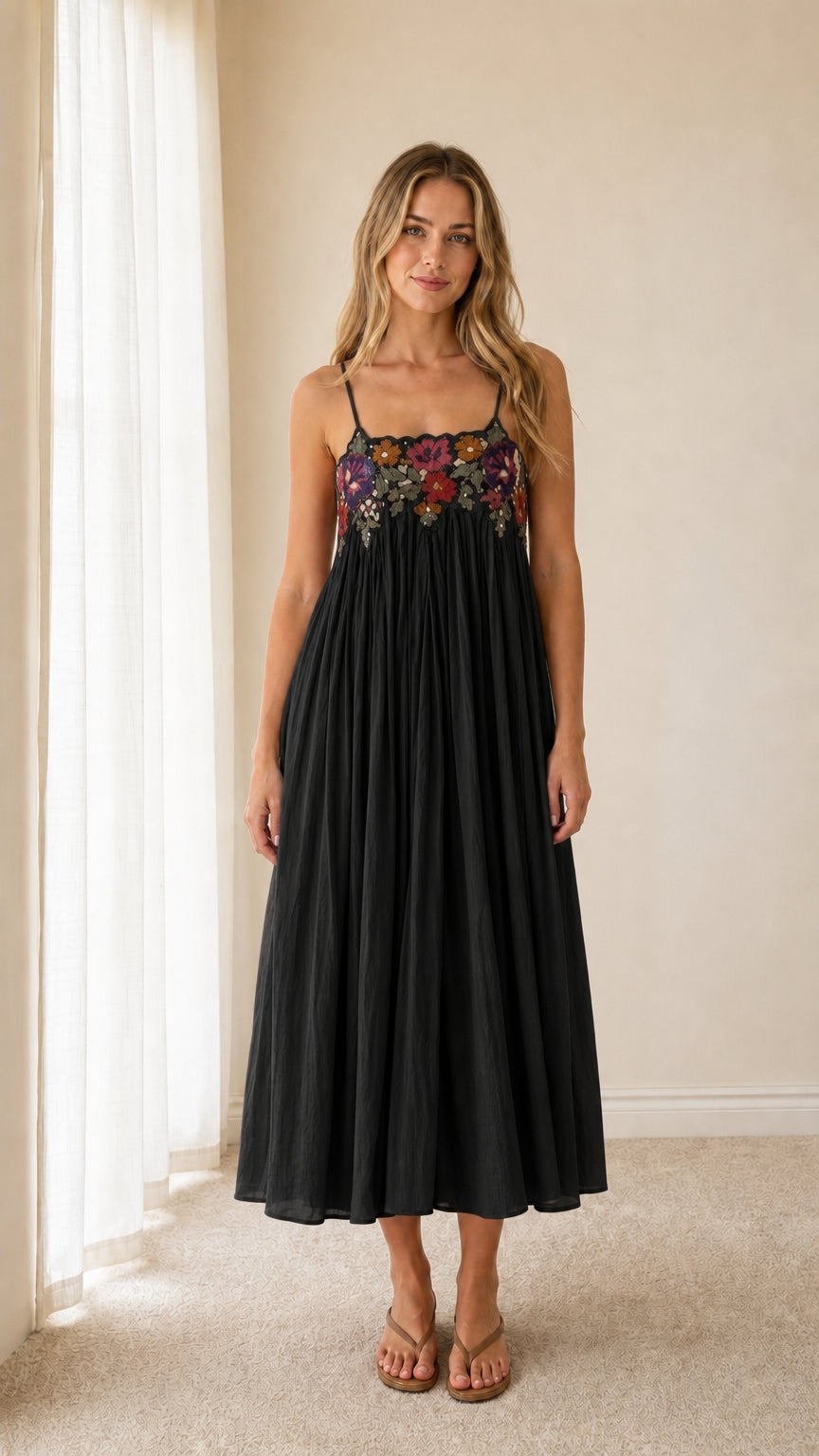 Front view of black embroidered floral midi camisole dress