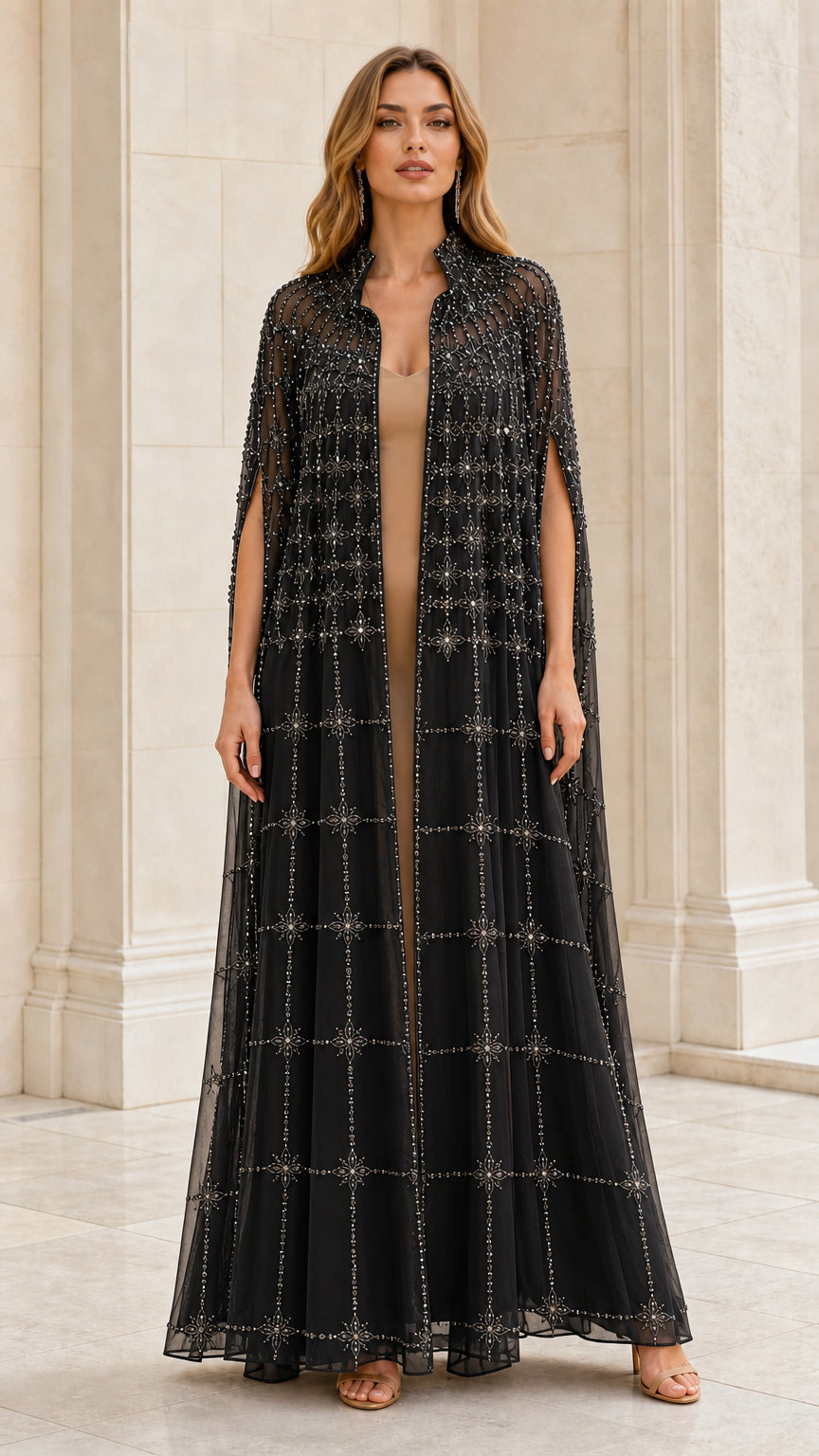 Front view of black embellished evening cape and gown set