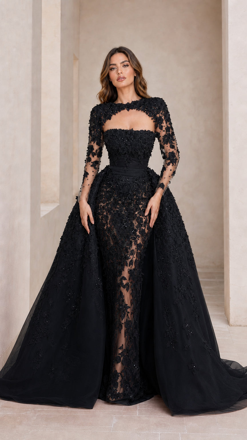 Front view of black evening dress with detachable overskirt