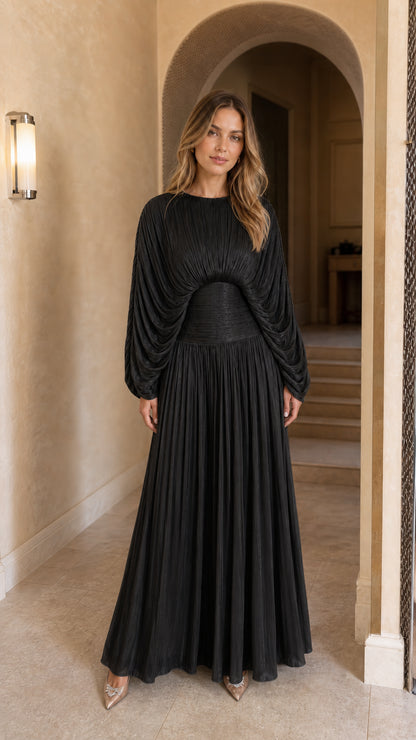 Front view of the black color variant maxi dress